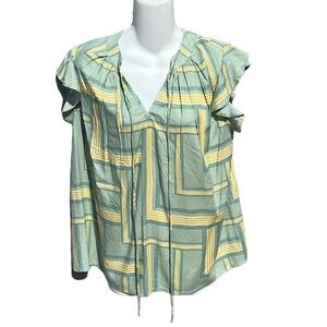 Lascana Womens Geometric Print Green Yellow Flutter Sleeve Notch Neck Top Sz 6